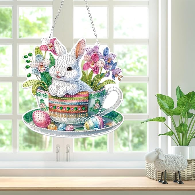 Bowetile Easter Hanging Diamond Art Kits for Adults Kids, 5D Special Shape Diamond Painting Rabbit Kits, Easter Diamond Gem Art Suncatchers Painting Pendant Home Decor, Gifts for Kids