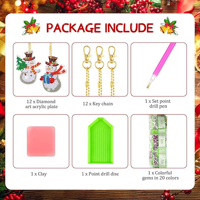 Ferraycle 12 Pcs Diamond Art Christmas Ornaments Christmas Diamond Painting Ornaments 5d DIY Painting Keychain Kits Xmas Hanging Paint Kits for Adults Crafts Family Decor