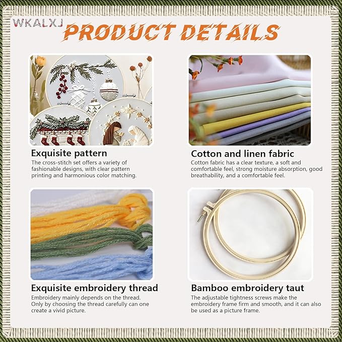 wkalxj 4 sets embroidery kits for beginners adults, cross stitch kits, needlepoint kits with instruction, video, needle point kits with resort penguin fireplace elk patterns (4 sets d)
