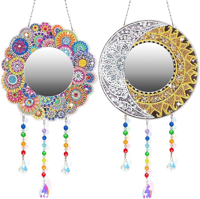 2Pcs DIY Diamond Painting Mirror, Moon Mandala Makeup Mirror, Special Shaped Crystal Suncatcher for Beginner Arts Crafts Gifts Home Decor (10x10 Inch)