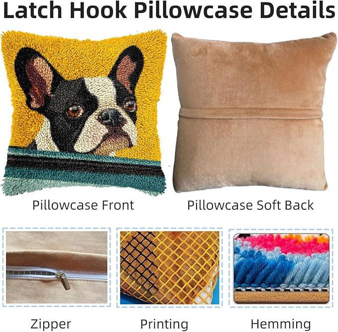 DIY Latch Hook Pillow Kits for Adults Cute Boston Terrier Dog in Car Printed Pillowcase Crochet Yarns Hooking Handmade Pillow Cover Cushion for Home Sofa Decoration 17x17inch(3)
