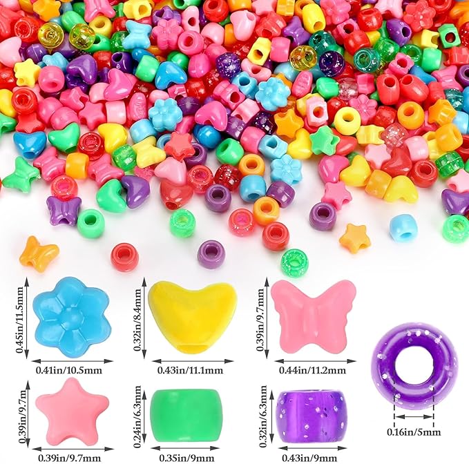 UPINS 1200 Pcs Colored Shaped Pony Beads -Large Perforated Assorted Heart Flower Star Butterfly Beads for Pipe Cleaners Friendship Bracelets Necklace for Classroom Crafts Screen-Free Fun for Kids