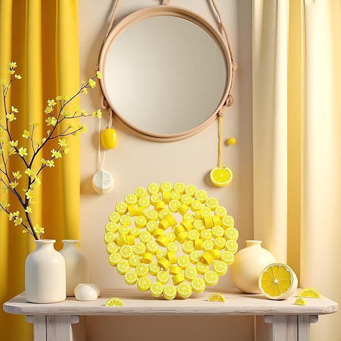 200Pcs Yellow Lemon Polymer Clay Beads,10mm Fruit Charm Spacer Beads for Jewelry Making,Necklace, Earring and Bracelet DIY Craft Supplies,Flat Bead, Summer Jewelry Kits and Fruit Theme Accessories