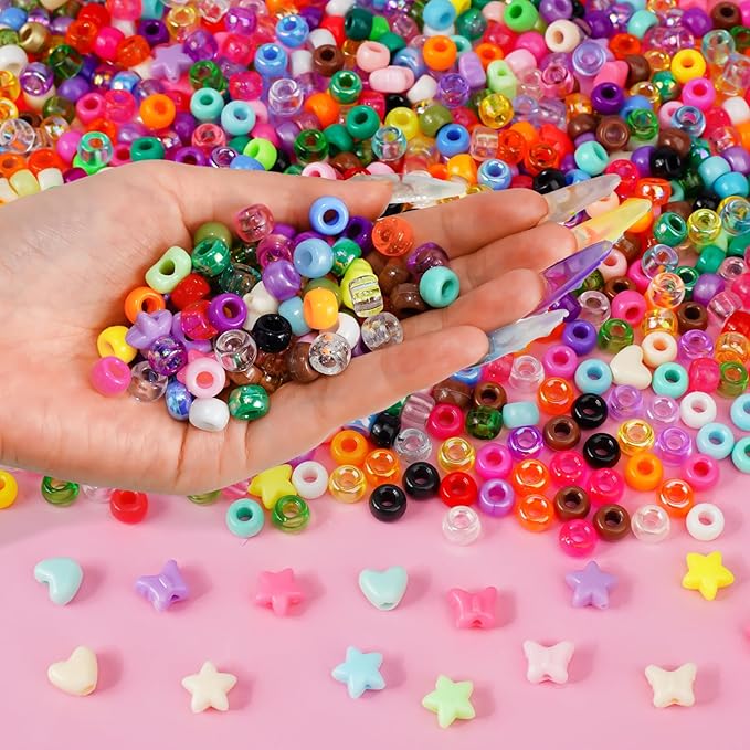 pony beads 1000+pcs plastic 9mm rave kandi spacer bead for jewelry making, diy face mask hair bead bracelet making kit for girls, cute heart star butterfly shape beads