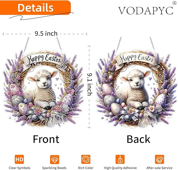 VODAPYC Easter Diamond Art Hanging Kits for Adults, DIY Double Sided Partial Special Shaped Diamond Painting Window Pendant Ornament(Happy Easter Sheep)