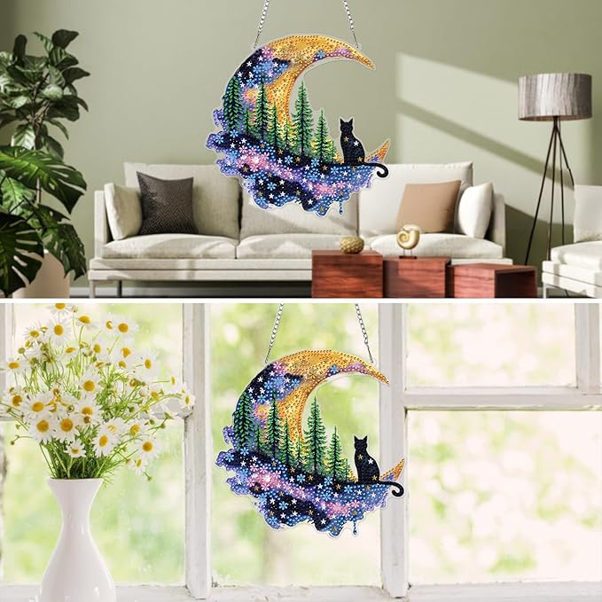MXJSUA Forest Moon Cat Diamond Painting Art Window Suncatchers, Diamond Art Kits for Adults Hanging Ornaments with Chain, 5D Special Shape Crystal Diamond Pendant Accessories for Decor Gift 8x8 Inch