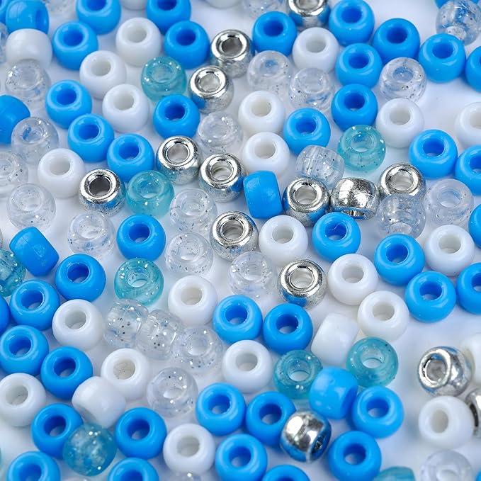 1000PCS 6x9mm Blue and White Pony Beads, Kandi Beads for Bracelets Making Kit, Hair Braids Crafts Jewelry Making Crafts Friendship Necklace Earrings DIY (Blue Silver Mixed Color)