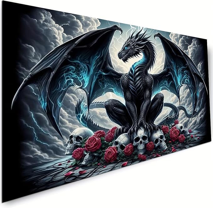 KUFWKEY 5D DIY Dragon Diamond Painting Kits for Adults,Fantasy Animal Art,Skull Gothic Art,Full Round Diamond Art Kits,Diamond Mosaic Emboridery for Home Decor,Big Size 27.5 x 15.7 inches