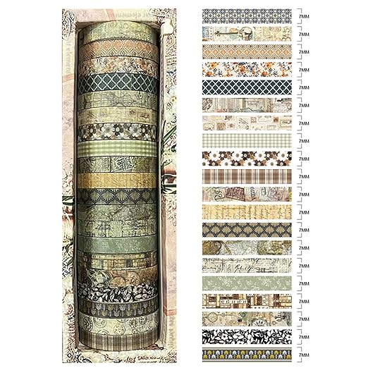 20 Rolls Skinny Vintage Washi Tape Set Retro Arts Adhesive Tapes Basic Patterns Decorative Masking Tape Sets for Craft, Kids, Scrapbook, DIY, Gift Wrapping (Elegance in Time)