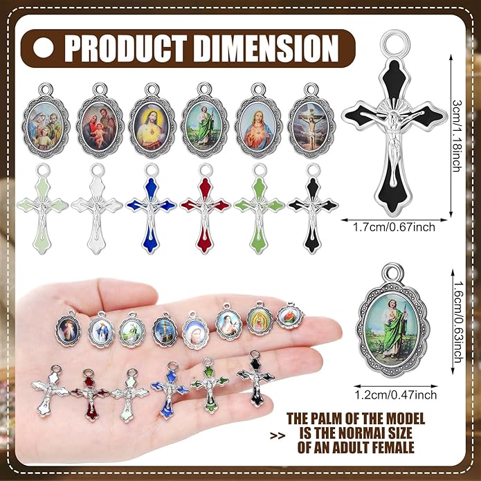 Rosary Making Kits Supplies Cross and Center Medal Charm Alloy Picture Religious Charms Crucifix Pendant for DIY Jewelry Making Prayer Bracelet Necklace Earring