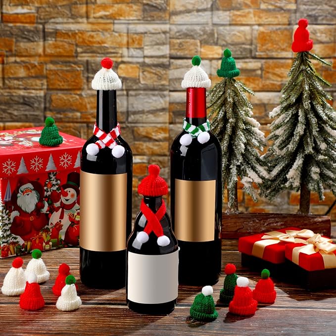 60 Pcs Mini Christmas Knit Hat and Scarf Set, Santa Christmas Tree Ornaments, Cup Bottle Xmas Doll Crafts for DIY Craft Art Decoration (Bright Color)