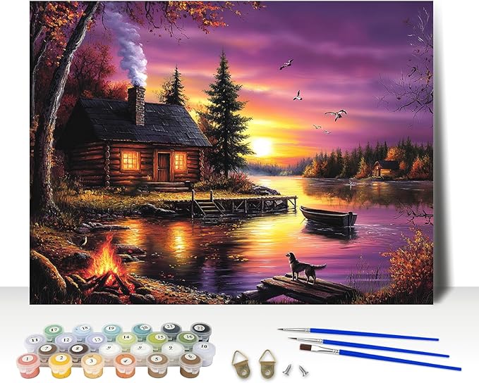 MAXBYE Lake House Paint By Numbers Kits for Adults Beginner, Autumn Landscape Adult Paint By Number On Canvas, Easy Oil Painting Kits for Home Wall Decor Gift 16x20 Inch