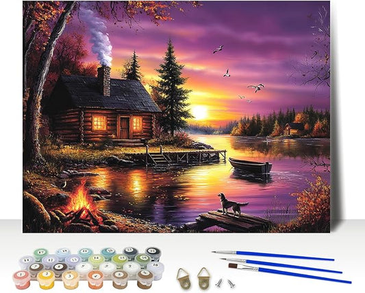 MAXBYE Lake House Paint By Numbers Kits for Adults Beginner, Autumn Landscape Adult Paint By Number On Canvas, Easy Oil Painting Kits for Home Wall Decor Gift 16x20 Inch