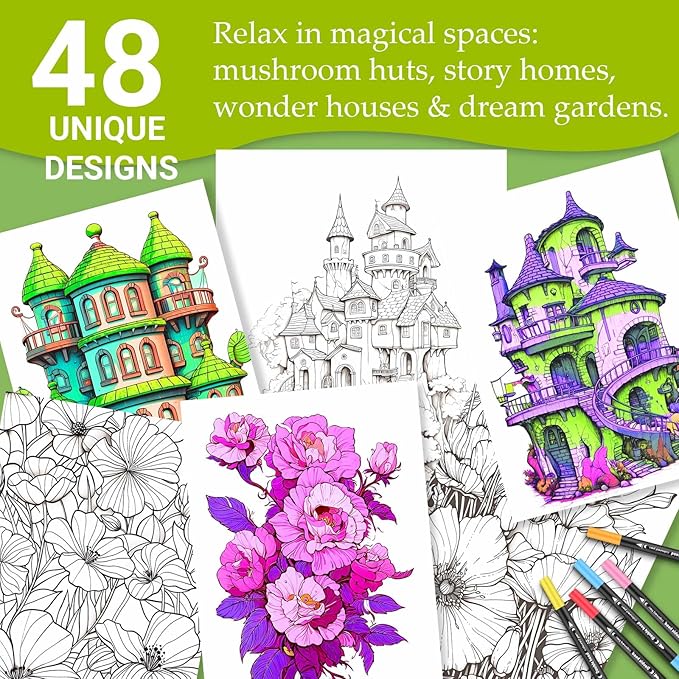 Adult Coloring Book for Women Relaxation, Spiral Bound Mindfulness Coloring Book with 24 Colors Markers for Adult, Anxiety Relief Gifts with 48 Pictures (Garden & Magic House)