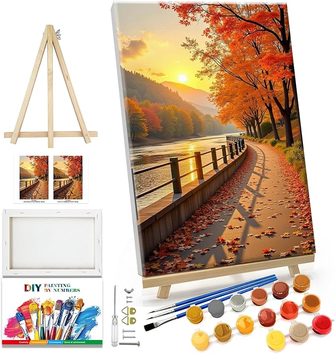 JOOZ Paint by Numbers Kit for Adults with Frame Fall Landscape Paint by Number with Easel Autumn Tree Adult Paint by Number Kits Framed Canvas Sunset Oil Painting Kits for Home Wall Decor 8x12 Inch