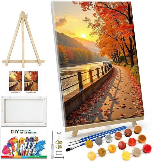 JOOZ Paint by Numbers Kit for Adults with Frame Fall Landscape Paint by Number with Easel Autumn Tree Adult Paint by Number Kits Framed Canvas Sunset Oil Painting Kits for Home Wall Decor 8x12 Inch