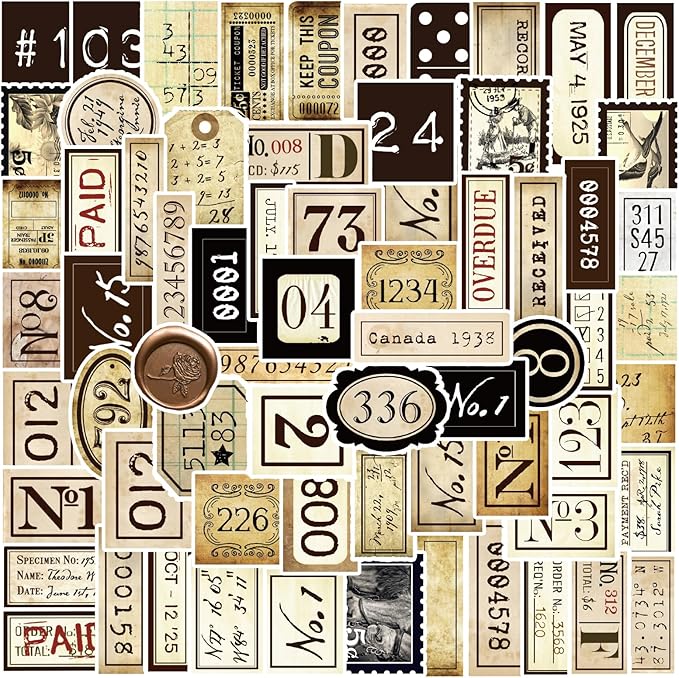 190 Pcs Vintage Label Number Stickers, Retro Tag Aesthetic Stickers for Scrapbooking Junk Journal Bullet Journal Collage Diary DIY Crafts