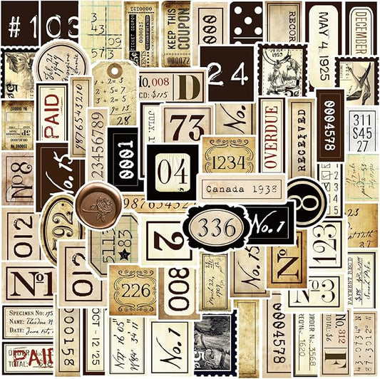 190 Pcs Vintage Label Number Stickers, Retro Tag Aesthetic Stickers for Scrapbooking Junk Journal Bullet Journal Collage Diary DIY Crafts