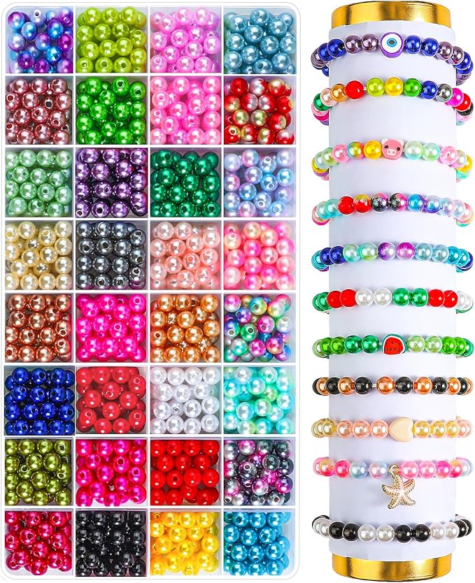 1000PCS Pearl Beads for Jewelry Making - 32 Colorful 8mm Round Pearl Beads for Bracelets, Necklace, Earrings