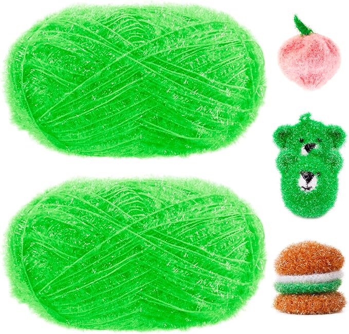 JeogYong Scrubby Yarn 2 Skeins (2 x 100g, 2 x 218yd) Scrubby Sparkle Yarn, Fluffy Polyester Scrubbie Crochet String for Crocheting Knitting Dishcloths Washcloths DIY Projects