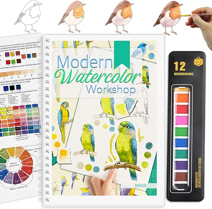 Watercolor Workbook, Watercolor Workbook Paint Book Beginner Friendly with 12 Patterns, Beginner-Friendly Watercolor Workbooks with 12 Paint Colors & Brush, Water Color Paint Set, Valentine's Day Gift