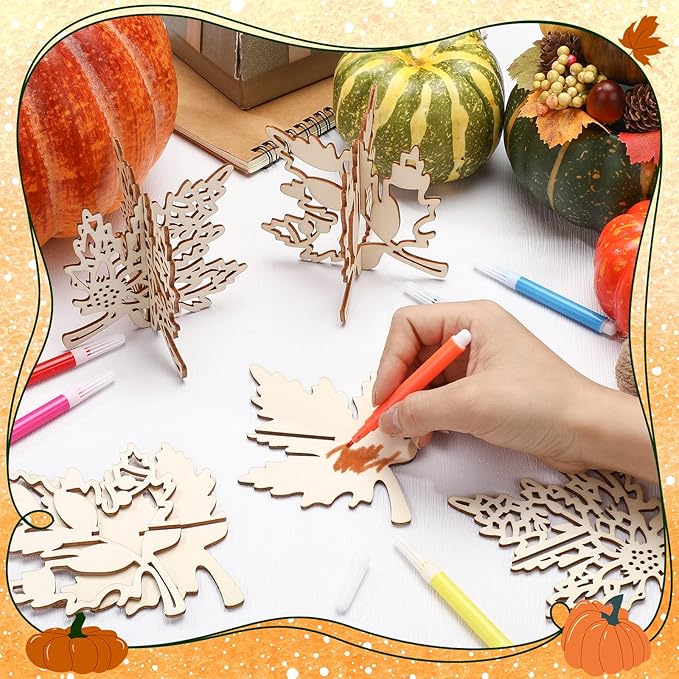 Blosssound 48 Pcs Fall Craft Set 36 Wood Maple Leaf Crafts 3D Maple Leaf Cutouts with 12 Colored Markers Wooden Unfinished Slices to Paint for Thanksgiving Autumn DIY Handmade Tiered Tray Table Decor