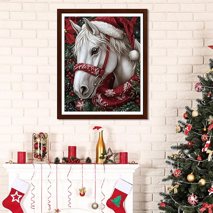 EMIEAUFG Christmas Diamond Art Kits for Adults, Christmas Horse Diamond Paiting Kit for Beginners, 5D DIY Round Full Drill Craft Diamond Dot Gem Art, Home Wall Decor 12" x 16"