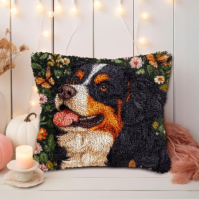 DIY Latch Hook Pillow Kits for Adults Bernese Mountain Dog and Butterfly Printed Pillowcase Crochet Yarns Hooking Handmade Pillow Cover Cushion for Home Sofa Decoration 17x17inch(3)