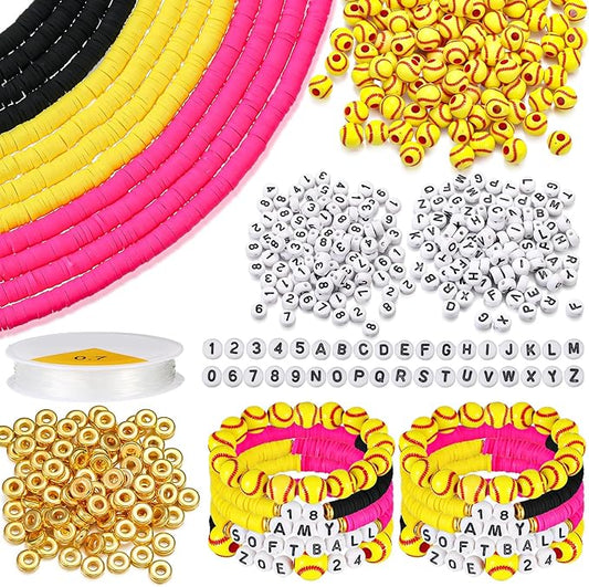 Ferreve 4200 Pcs Softball 12 Strands Clay Beads Bracelet Making Kit, 100 Letter and Number Beads, 120 Softball Acrylic with Gold Spacer, Charm Bracelet Kit for Sport Party