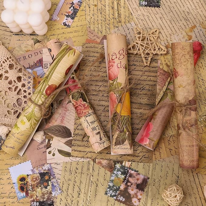 300PCS Vintage Scrapbooking Supplies Scrapbook Paper Journaling Kit Aesthetic Decorative Craft DIY Stickers Kits for Bullet Journaling, Junk Journal, Retro Crafts(Vintage)