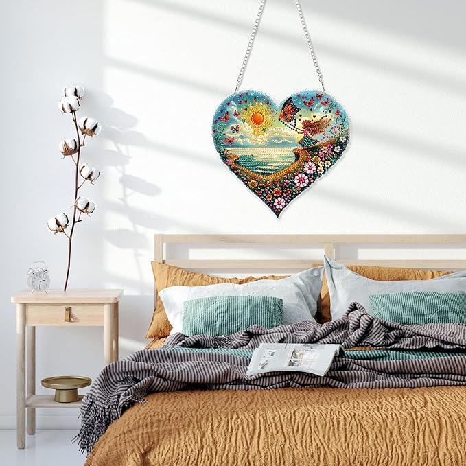 HEIBAGO Diamond Art Hanging Kits for Adults Kids, Hanging Diamond Art Beach Heart Shape, 5D Special Shaped Crystal Diamond Painting Kit, DIY Pattern Window Pendant for Home Wall Decor 8.3x8.3Inch