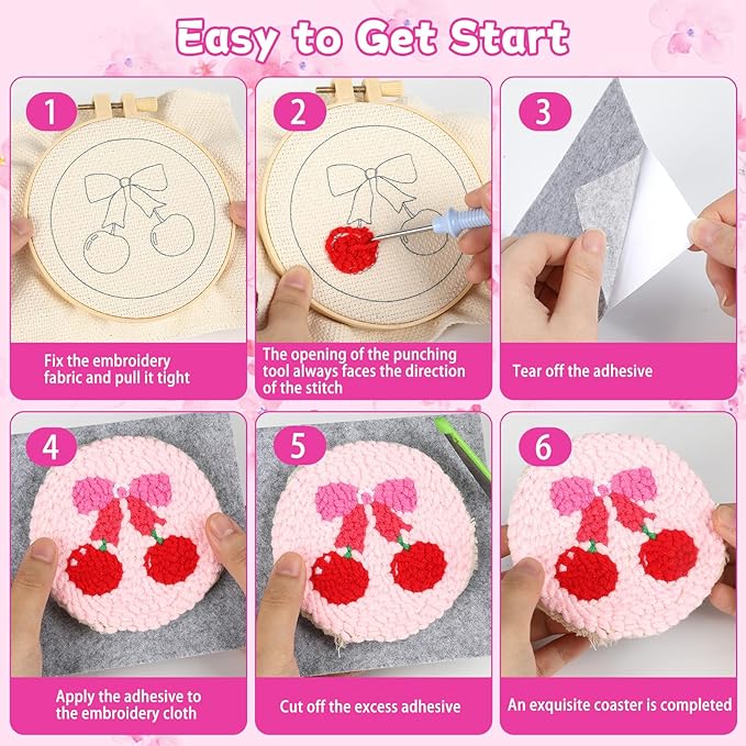 Pink Punch Needle Coaster Kit Strawberry Bow Floral Pattern Coasters Easy Punch Needle Embroidery Kit for Adults Beginner DIY Tufted Pads with Adhesive Felt Yarns Tools Embroidery Hoop Instruction