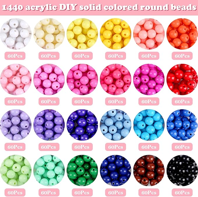 1440Pcs 6mm Candy Color Acrylic Round Beads, 24 Colors Assorted Plastic Bubble Gum Beads with Hole Loose Beads Bulk for Bracelets Necklace Jewelry Making DIY Crafts