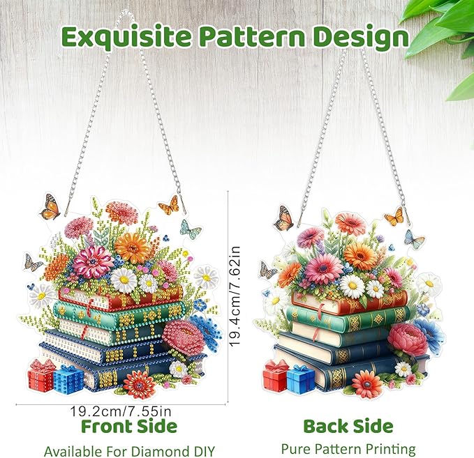 MEIYUDA Book Flowers Diamond Art Hanging Kits for Adult, Flowers Books Diamond Painting Hanging Kits Ornaments, DIY Special Shaped Rhinestone Window Pendants Kit for Home Garden Wall Decor Gift