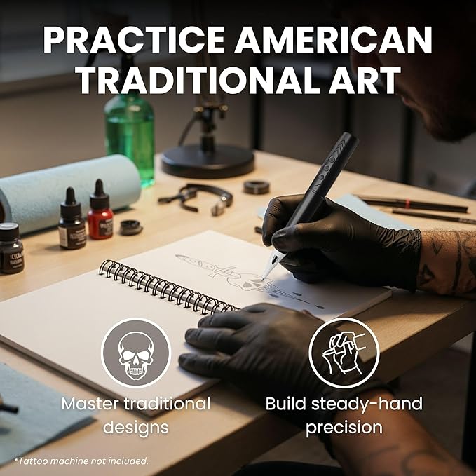 Inlumino Heart Ink Tattoo Practice Coloring Book: American Traditional – Spiral Bound Art Book with 40 Designs on 240 GSM Textured Pages – Use with Ballpoint Cartridges & Rotary Machines
