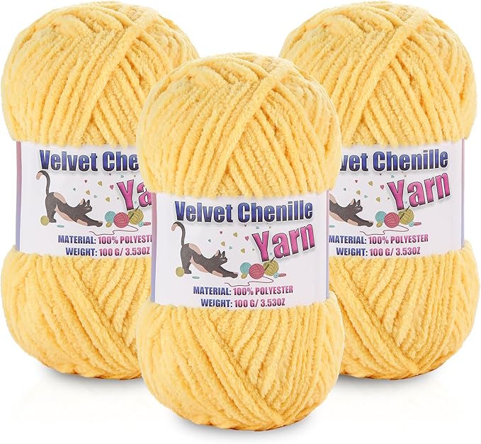 3 * 100g/3.5oz Fluffy Chenille Yarn for Crocheting, Chunky Velvet Yarn for Crochet Amigurumi, Used for Making Baby Yarns Blanket, Clothes, Pattern Knitting Creations (Yellow)