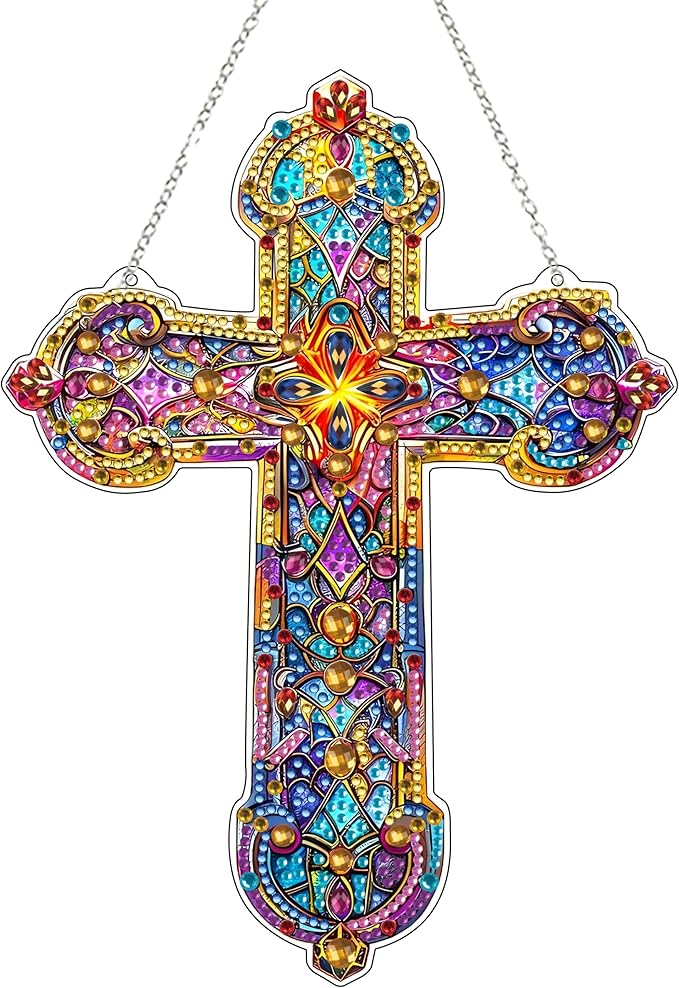 JJFox Diamond Cross Art Hanging Kit for Adult,Special Shaped Rhinestone,DIY Acrylic 5D Diamond Art Painting Window Pendants Home Garden Wall Hanging Kits Hanging Ornament,Double Sided