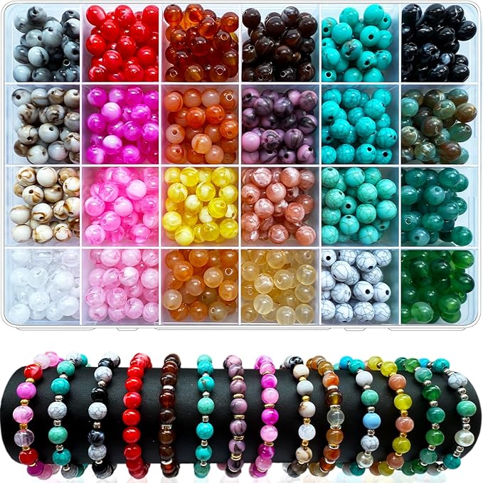 720Pcs 8mm Acrylic Round Beads for Jewelry Making, Bohemian Style Round Bead Faux Turquoise White Crack Bead Plastic Bubble Gum Beads for Bracelets Making Kit DIY Necklace Crafts