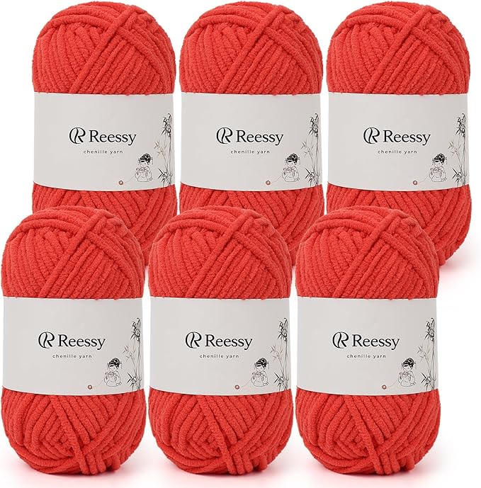 Bulky Chenille Yarn for Crocheting – 6 Pack of 50g/1.76oz Skeins, Pure Polyester, CYC #5 Bulky Weight – Ultra Soft Chenille Yarn Pack for Crafting Plush Toys, Blankets, Scarves(Coral Red)