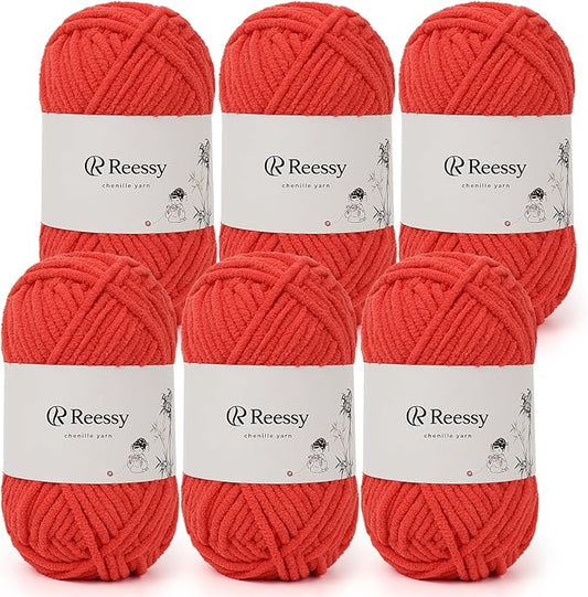 Bulky Chenille Yarn for Crocheting – 6 Pack of 50g/1.76oz Skeins, Pure Polyester, CYC #5 Bulky Weight – Ultra Soft Chenille Yarn Pack for Crafting Plush Toys, Blankets, Scarves(Coral Red)