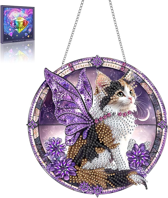 Wergund 5D Cat Diamond Art Hanging Kits, Hanging Diamond Art Animal, Acrylic Special Shaped Rhinestone, Window Hanging Pendants for Home Wall Garden Front Door Outdoor Decor Gift(Cat)