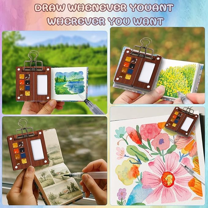 Mini Watercolor Paint Set – Travel Watercolor Set with 8 Color Palette, 300g Sketchbook, Water Brushes, Clip & Storage Bag, Pocket Size Portable Water Color Kit for Artists, Students & Beginners