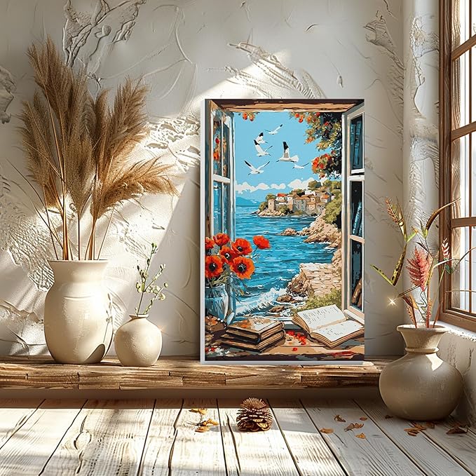 GHHKUD Landscape Paint by Numbers Kits with Frame for Adults Beginners, DIY Seaside Paint by Numbers for Kids, Painting Art on Canvas Gifts Home Wall Decor 20x30cm