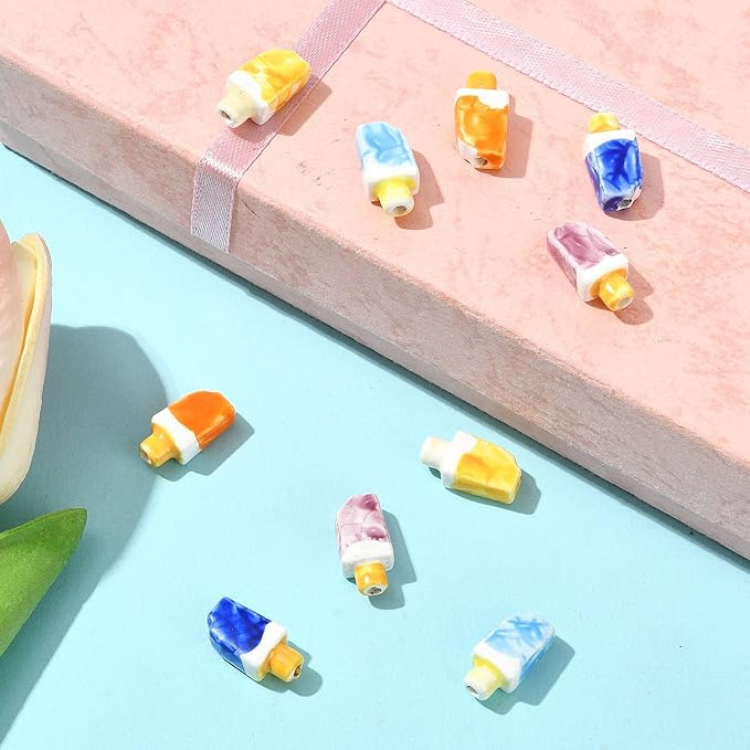 10Pcs Porcelain Ceramic Ice Cream Shapes Beads, 5 Colors Cute Food Shapes Porcelain Loose Spacer Beads for DIY Necklaces Bracelets Crafts Supplies Jewelry Accessories