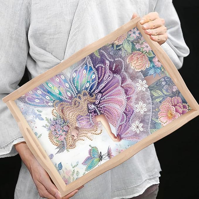DIY Diamond Art Tray with Handle Diamond Art Painting Plate Creative Design Handmade Wooden Tray Mosaic Making Kits by Number Kits Diamond Art for Coffee Living Room Home Organizer (Purple Elf)