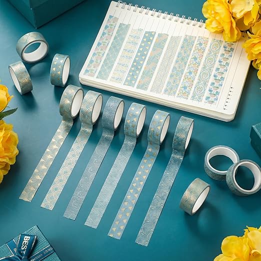 12 Rolls Watercolor Floral Washi Tape Set 15 mm Vintage Flower Decorative Masking Tape for Spring Arts DIY Craft Scrapbook Journal Supplies Gift Wrapping(Teal Color,Art Deco)
