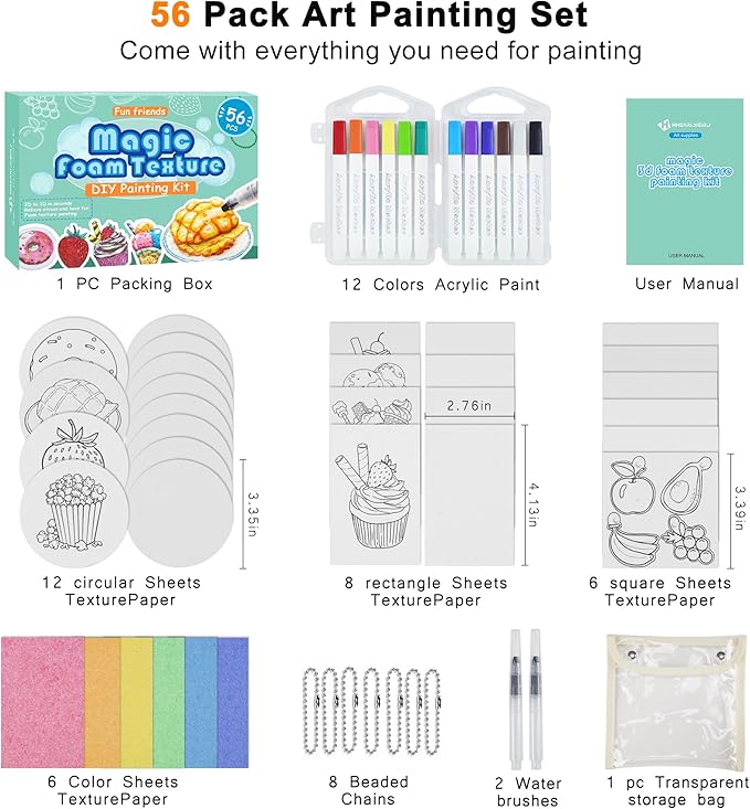 56 pcs Magic Foam Texture Painting Kit, 3D Puffy Paint Kit Including 32 Pcs Magic Foam Paper, 12 Colors Brush Tip Acrylic Paint Markers, Diy Painting Gifts For Boys And Girls' Birthday Parties