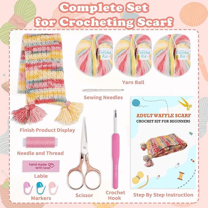 Alvian Scarf Crochet Kit for Beginners Crochet Starter Kits Craft Knitting with Step-by-Step Video Tutorials Handmade Gift for for Birthday, Anniversary, Valentines (Scarf Crochet Kit for Adults)