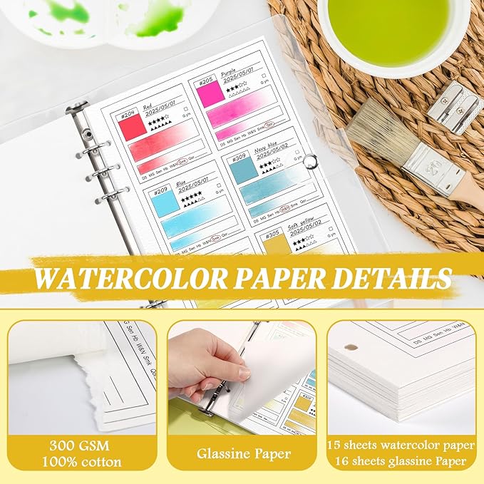 2 Pack A5 Watercolor Swatch Book Painters Color Diary Watercolor 15 Sheets Water Water Color Paper for Artists 140lb 100% Cotton 16 Sheets Glassine Coloring Book Binder for 6 Ring