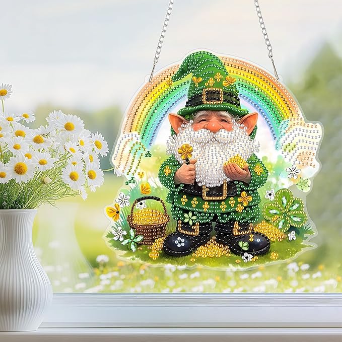 NEWENMO Diamond Art Kit for Adult, St Patrick's Day Gnome, Diamond Art Painting Double Sided Window Pendants for Home Garden Wall Hanging, DIY Special Shaped Gem Hanging Ornaments, Lucky Gnome